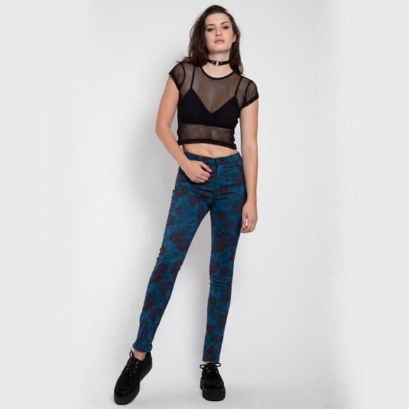 Tripp NYC High-Waisted Skinny Jeans Teal Floral Stretch Twill Alt Garden Goddess - Picture 1 of 5